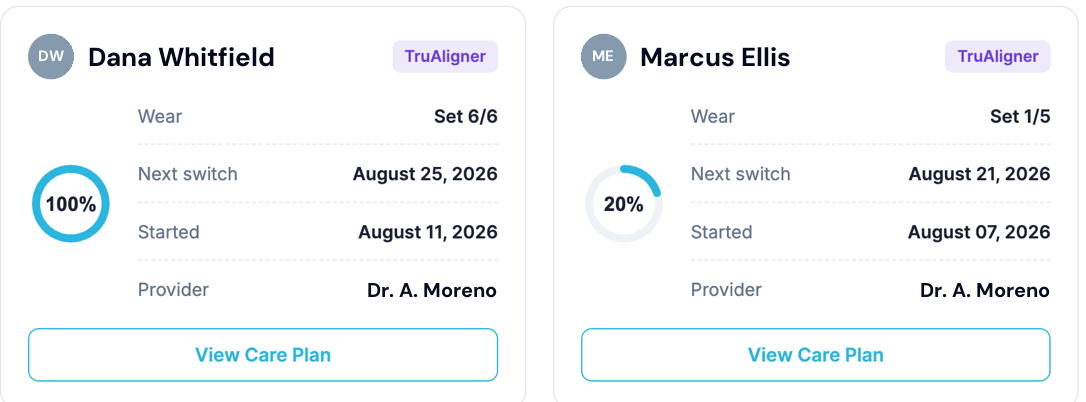 The TruAligner provider portal, showing three patients in treatment