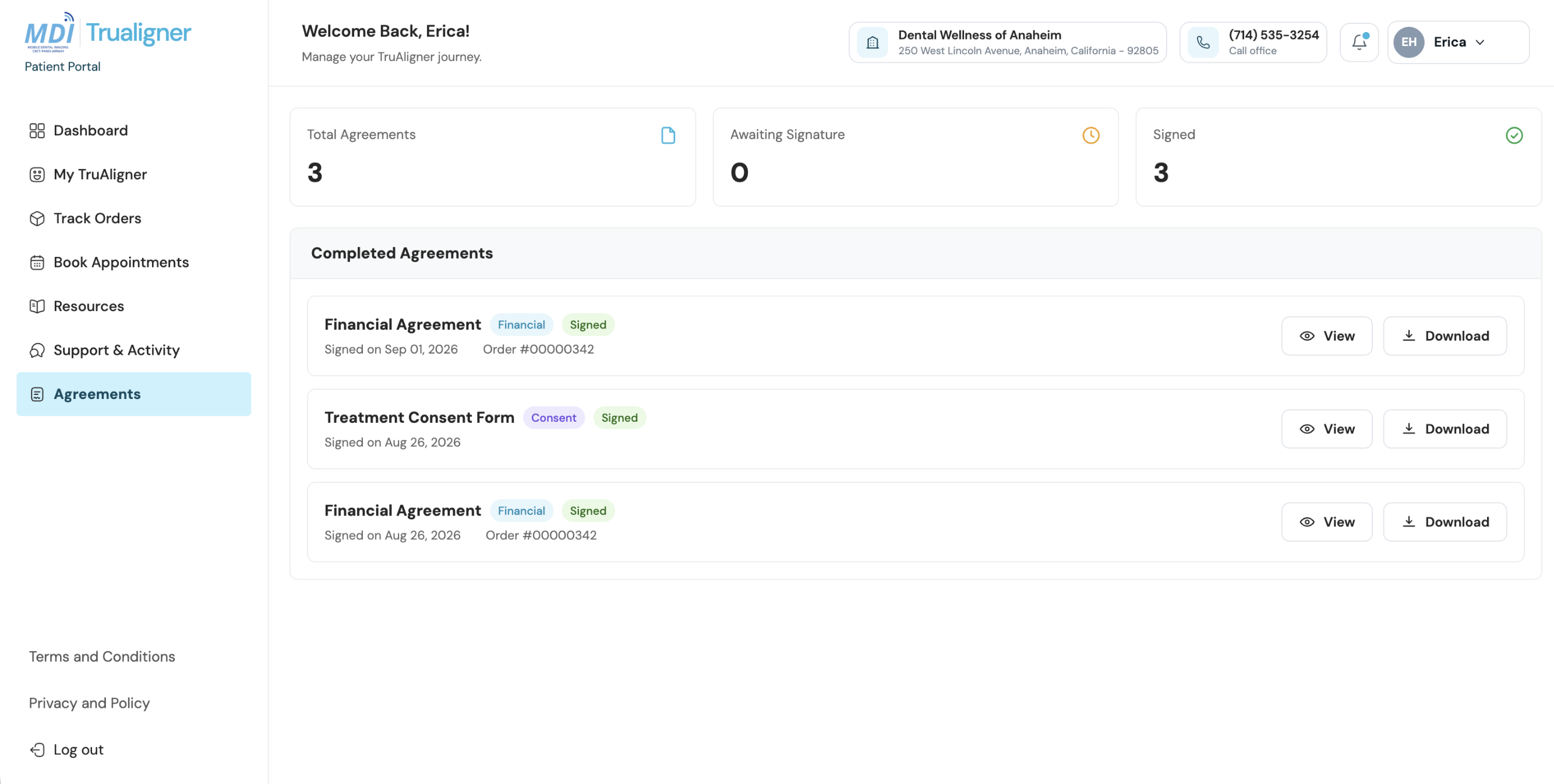 The patient portal agreements page listing signed consent and financial forms