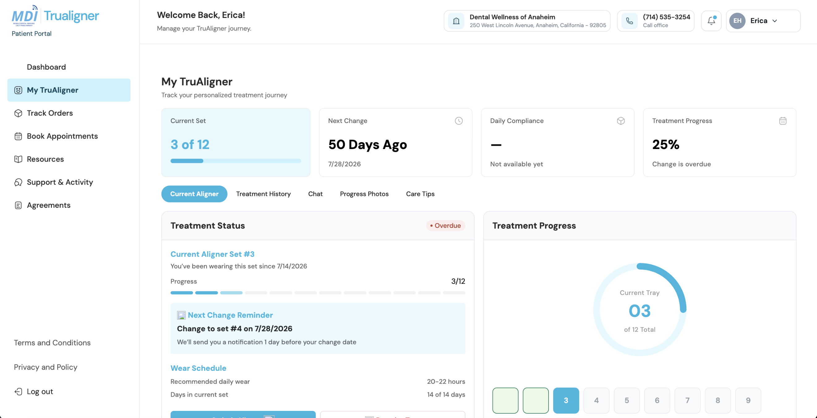 The patient portal showing tray three of twelve, the next change date and daily wear