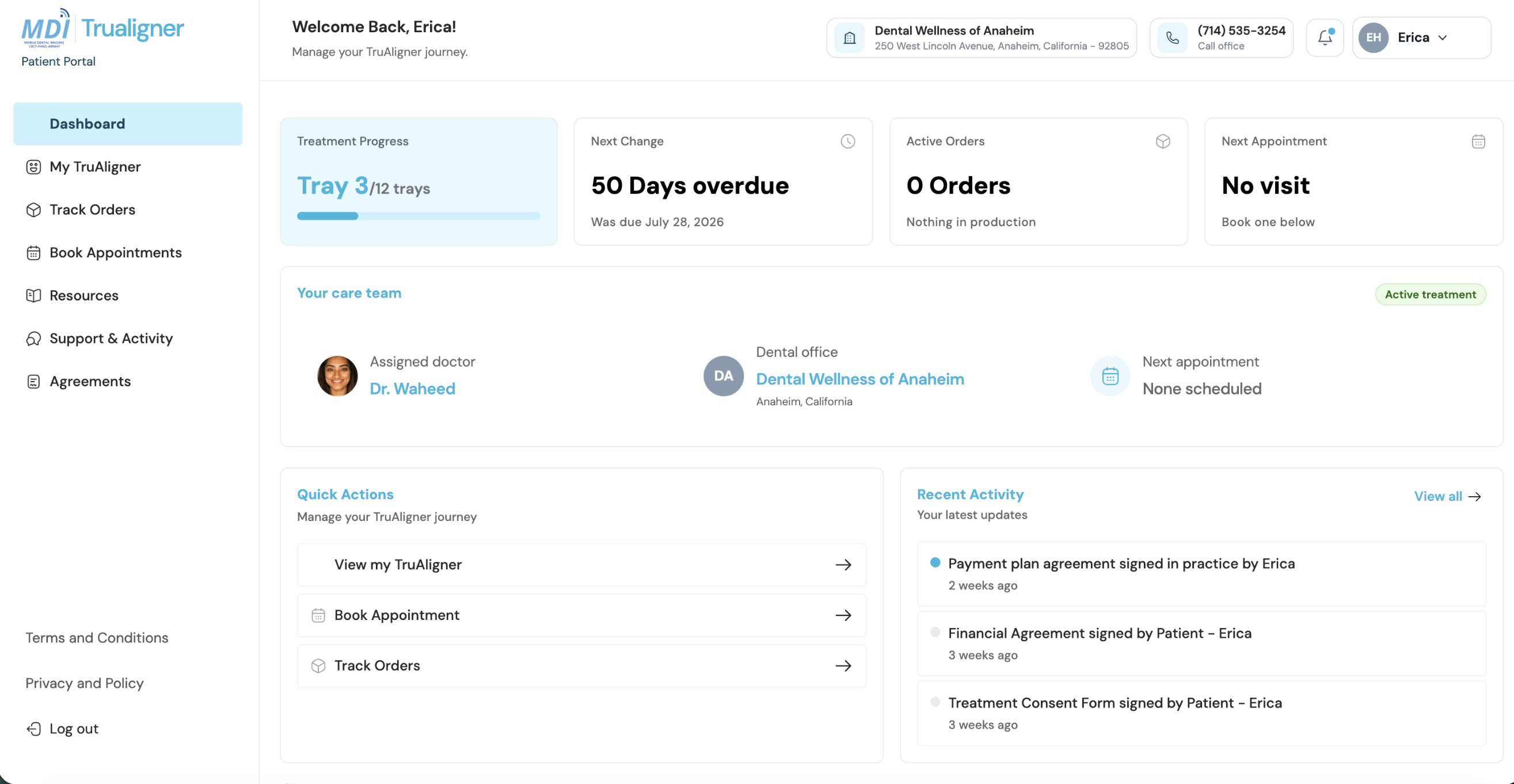 The patient portal dashboard showing the care team, the next appointment and recent activity