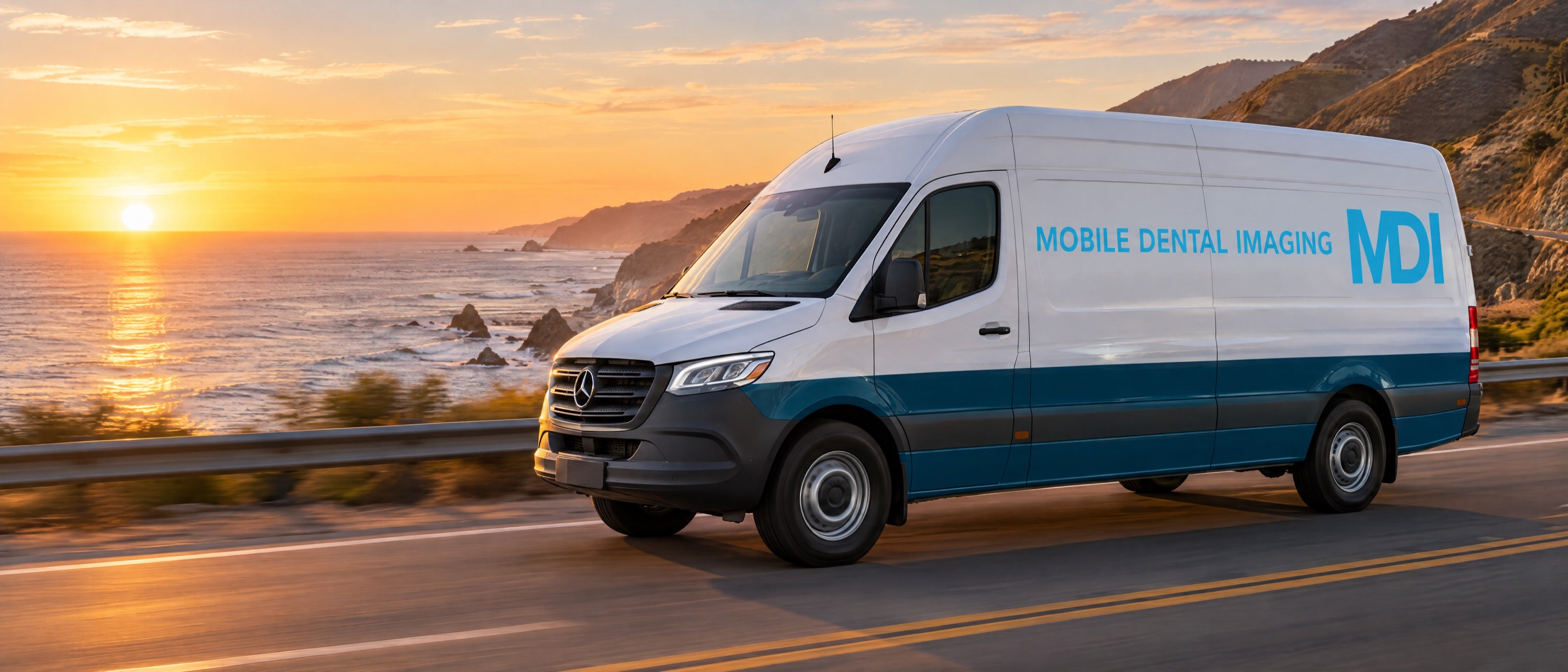 A Mobile Dental Imaging van on a California coast road at sunset
